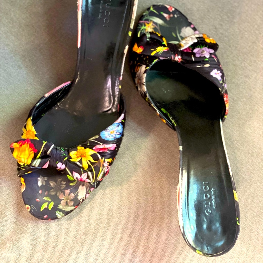 Floral kitten heel designer heels.